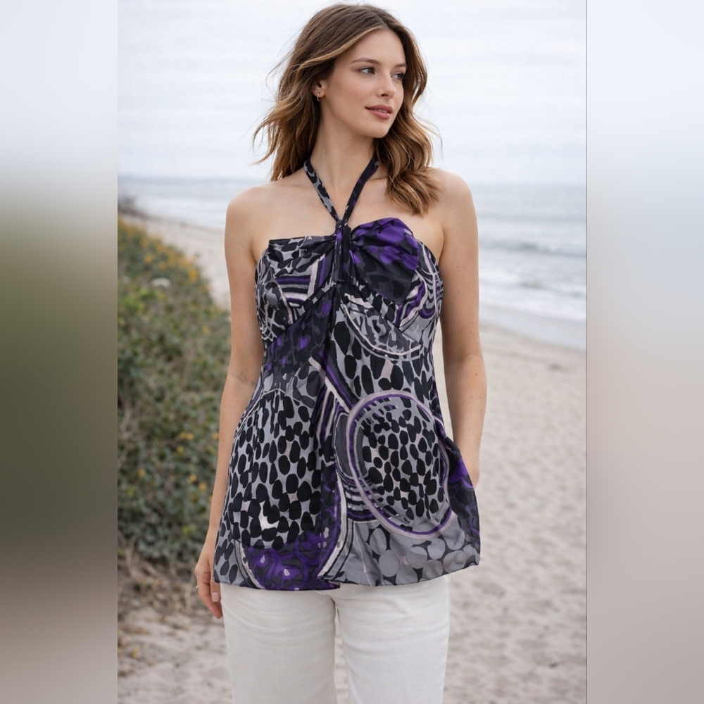 Ted Baker Purple Black Silver Bow Tie Halter Top Silk One Xs 4 NWT